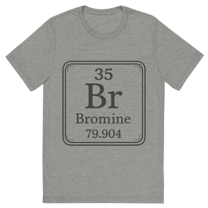 Front view of a Premium Tri-Blend Crew Neck T-Shirt in Athletic Grey showing 'A line art, nostalgic graphic of bromine's entry on the periodic table, use a dark color for the lines and text'