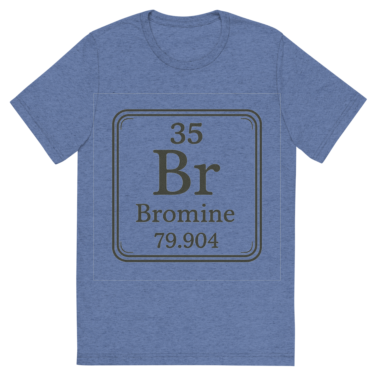 Front view of a Premium Tri-Blend Crew Neck T-Shirt in Blue showing 'A line art, nostalgic graphic of bromine's entry on the periodic table, use a dark color for the lines and text'