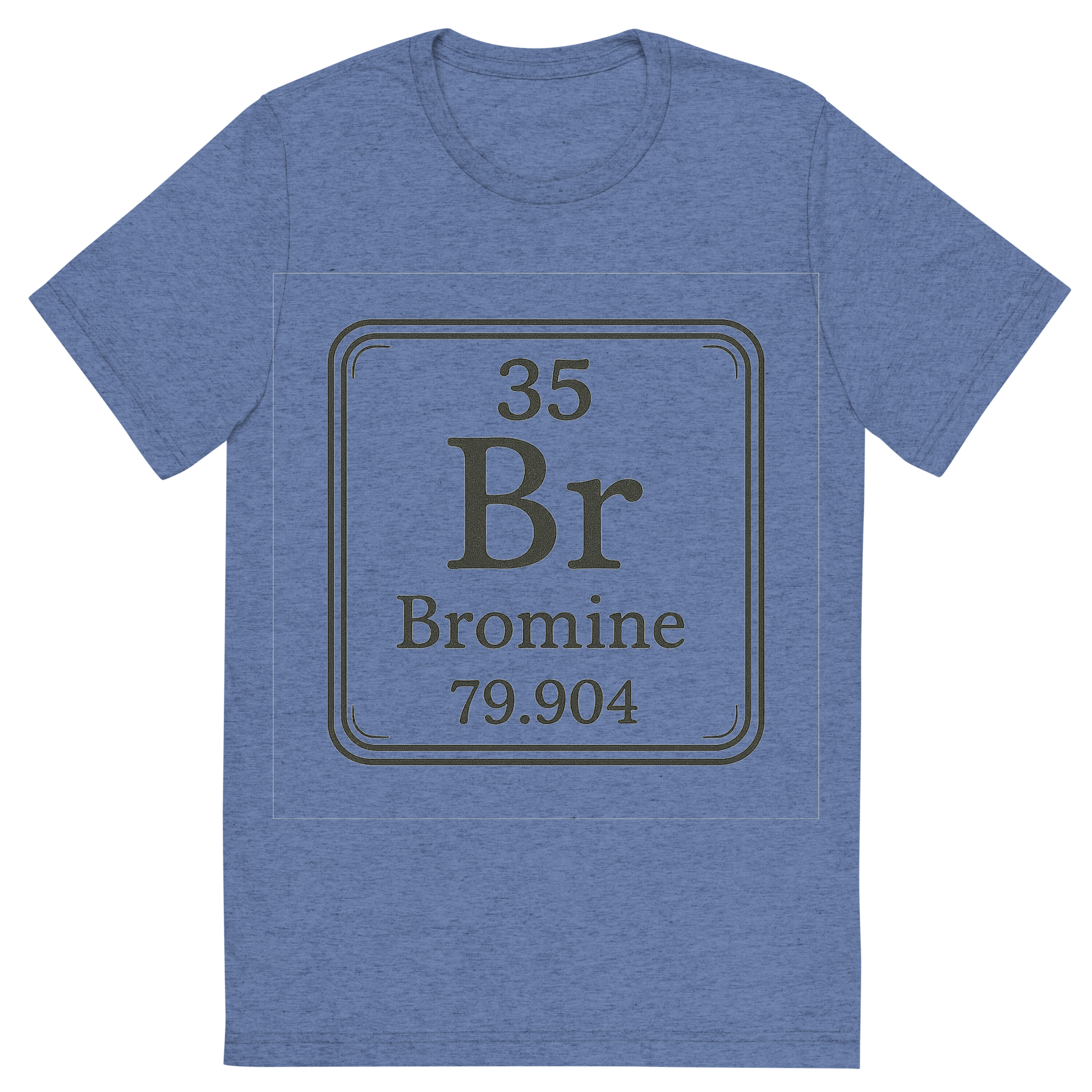 Front view of a Premium Tri-Blend Crew Neck T-Shirt in Blue showing 'A line art, nostalgic graphic of bromine's entry on the periodic table, use a dark color for the lines and text'