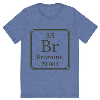 Front view of a Premium Tri-Blend Crew Neck T-Shirt in Blue showing 'A line art, nostalgic graphic of bromine's entry on the periodic table, use a dark color for the lines and text'