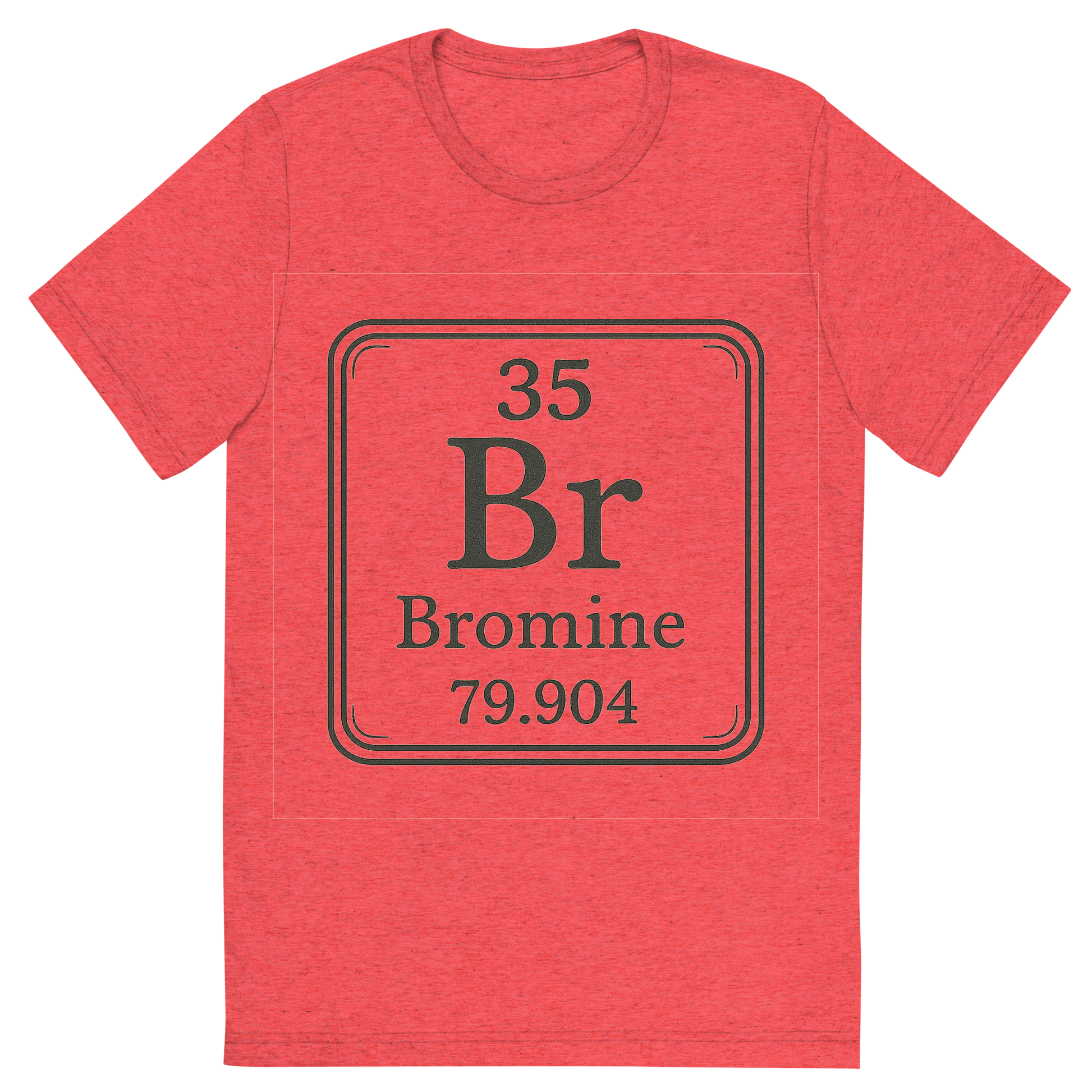 Front view of a Premium Tri-Blend Crew Neck T-Shirt in Red showing 'A line art, nostalgic graphic of bromine's entry on the periodic table, use a dark color for the lines and text'