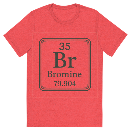 Front view of a Premium Tri-Blend Crew Neck T-Shirt in Red showing 'A line art, nostalgic graphic of bromine's entry on the periodic table, use a dark color for the lines and text'