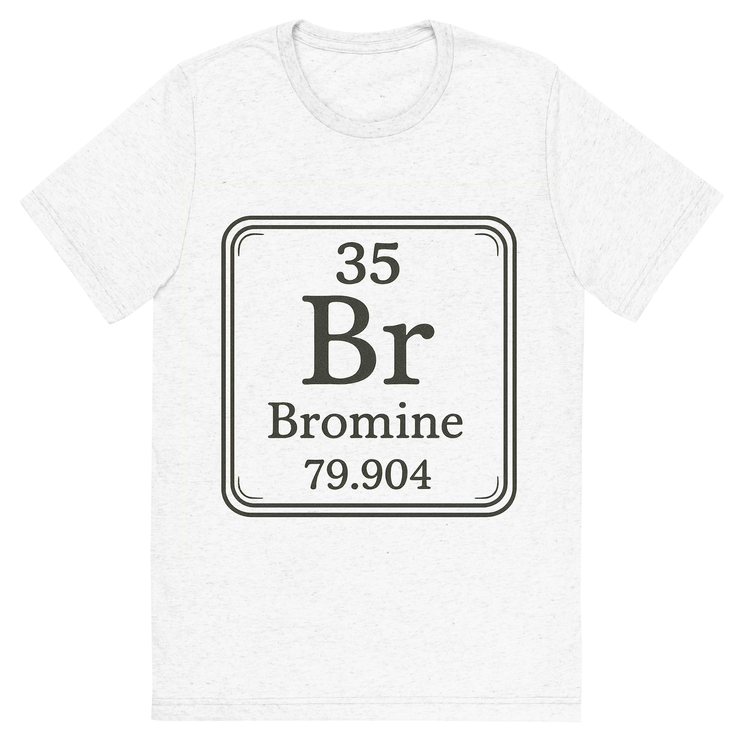 Front view of a Premium Tri-Blend Crew Neck T-Shirt in Solid White showing 'A line art, nostalgic graphic of bromine's entry on the periodic table, use a dark color for the lines and text'