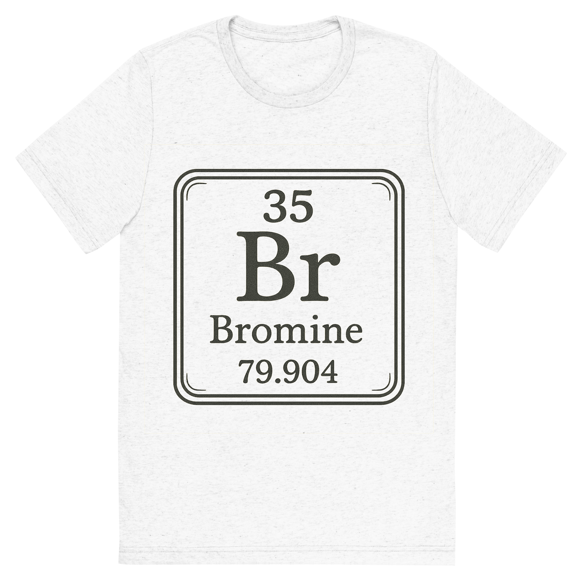 Front view of a Premium Tri-Blend Crew Neck T-Shirt in Solid White showing 'A line art, nostalgic graphic of bromine's entry on the periodic table, use a dark color for the lines and text'