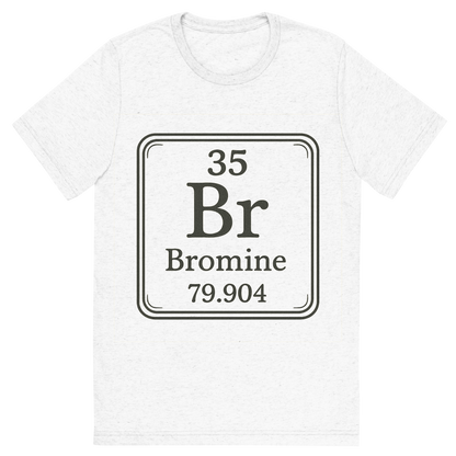 Front view of a Premium Tri-Blend Crew Neck T-Shirt in Solid White showing 'A line art, nostalgic graphic of bromine's entry on the periodic table, use a dark color for the lines and text'