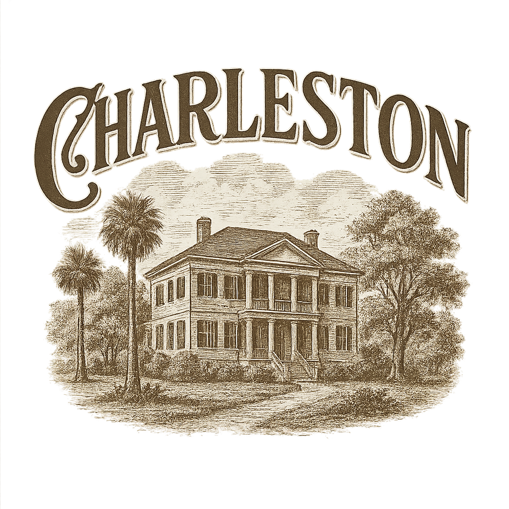 A typographic, nostalgic graphic of a typographic illustration of the words 'charleston' with a vintage line art drawing of the historic plantations – a t-shirt design