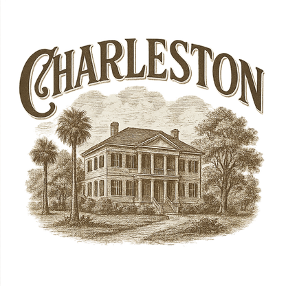 A typographic, nostalgic graphic of a typographic illustration of the words 'charleston' with a vintage line art drawing of the historic plantations – a t-shirt design
