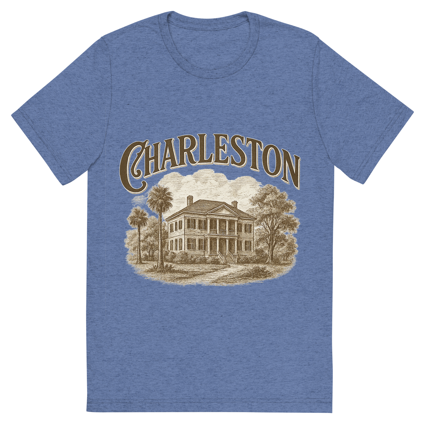 Front view of a Premium Tri-Blend Crew Neck T-Shirt in Blue showing 'A typographic, nostalgic graphic of a typographic illustration of the words 'charleston' with a vintage line art drawing of the historic plantations'