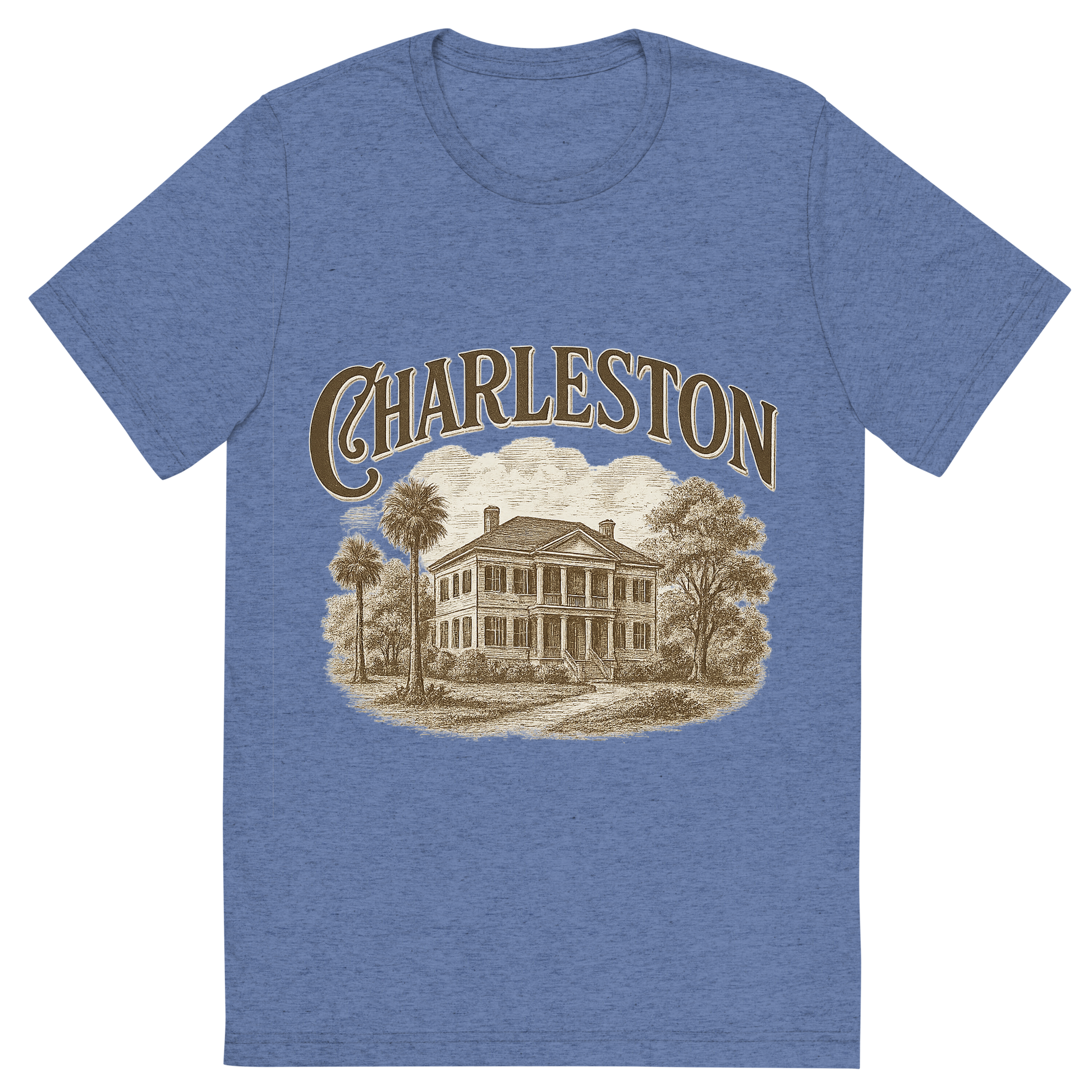 Front view of a Premium Tri-Blend Crew Neck T-Shirt in Blue showing 'A typographic, nostalgic graphic of a typographic illustration of the words 'charleston' with a vintage line art drawing of the historic plantations'