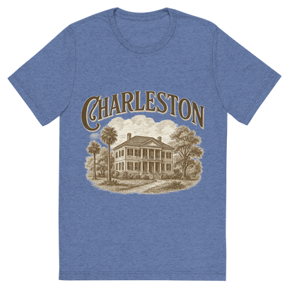 Front view of a Premium Tri-Blend Crew Neck T-Shirt in Blue showing 'A typographic, nostalgic graphic of a typographic illustration of the words 'charleston' with a vintage line art drawing of the historic plantations'