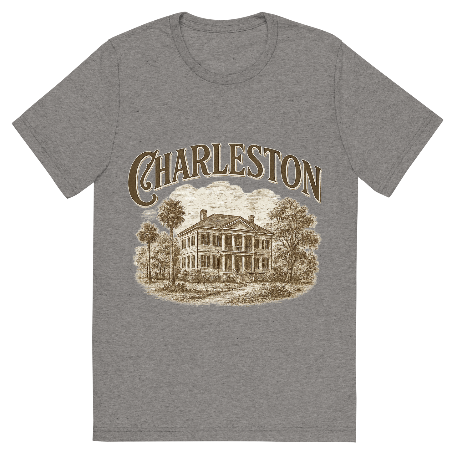 Front view of a Premium Tri-Blend Crew Neck T-Shirt in Grey showing 'A typographic, nostalgic graphic of a typographic illustration of the words 'charleston' with a vintage line art drawing of the historic plantations'