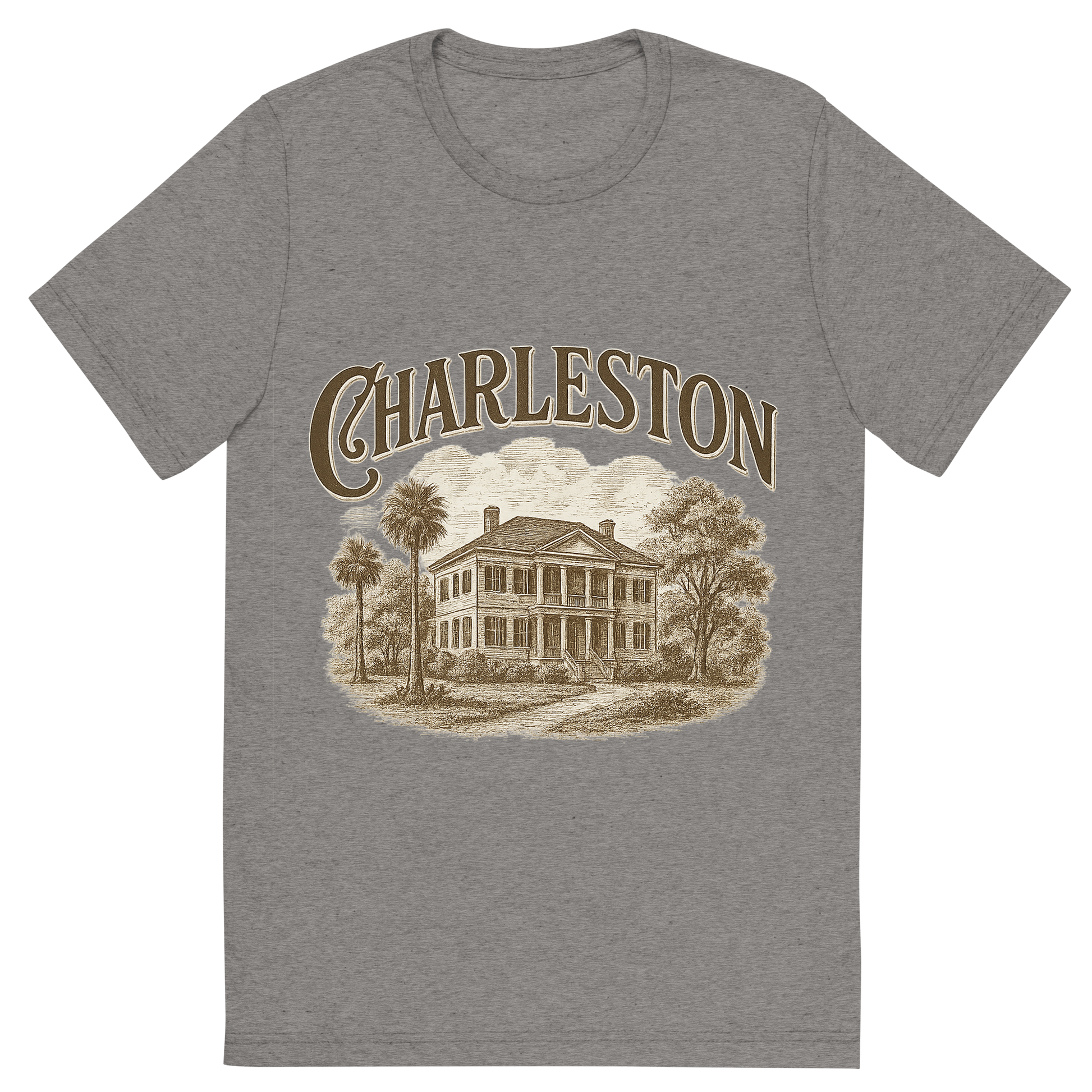 Front view of a Premium Tri-Blend Crew Neck T-Shirt in Grey showing 'A typographic, nostalgic graphic of a typographic illustration of the words 'charleston' with a vintage line art drawing of the historic plantations'
