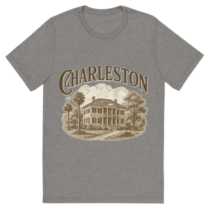 Front view of a Premium Tri-Blend Crew Neck T-Shirt in Grey showing 'A typographic, nostalgic graphic of a typographic illustration of the words 'charleston' with a vintage line art drawing of the historic plantations'