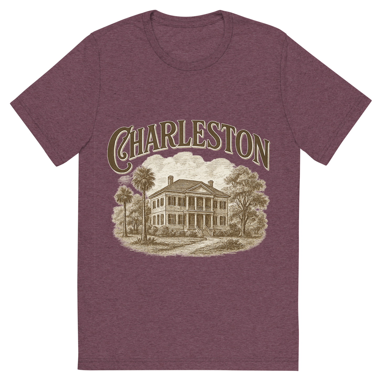 Front view of a Premium Tri-Blend Crew Neck T-Shirt in Maroon showing 'A typographic, nostalgic graphic of a typographic illustration of the words 'charleston' with a vintage line art drawing of the historic plantations'