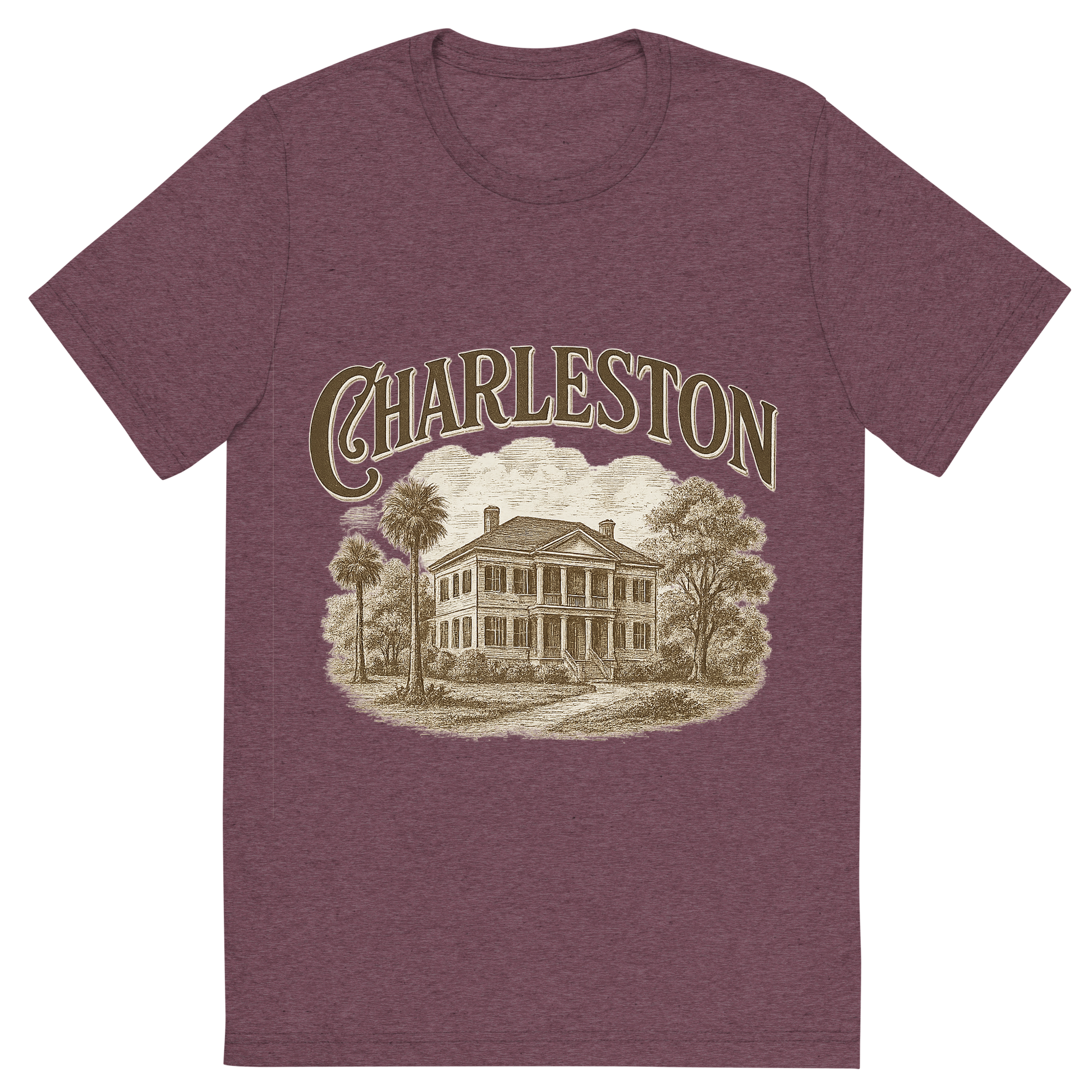 Front view of a Premium Tri-Blend Crew Neck T-Shirt in Maroon showing 'A typographic, nostalgic graphic of a typographic illustration of the words 'charleston' with a vintage line art drawing of the historic plantations'