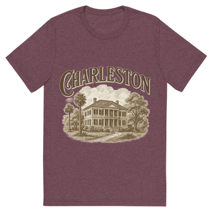 Front view of a Premium Tri-Blend Crew Neck T-Shirt in Maroon showing 'A typographic, nostalgic graphic of a typographic illustration of the words 'charleston' with a vintage line art drawing of the historic plantations'