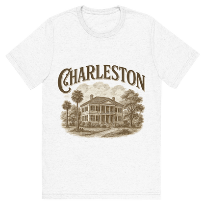 Front view of a Premium Tri-Blend Crew Neck T-Shirt in Solid White showing 'A typographic, nostalgic graphic of a typographic illustration of the words 'charleston' with a vintage line art drawing of the historic plantations'