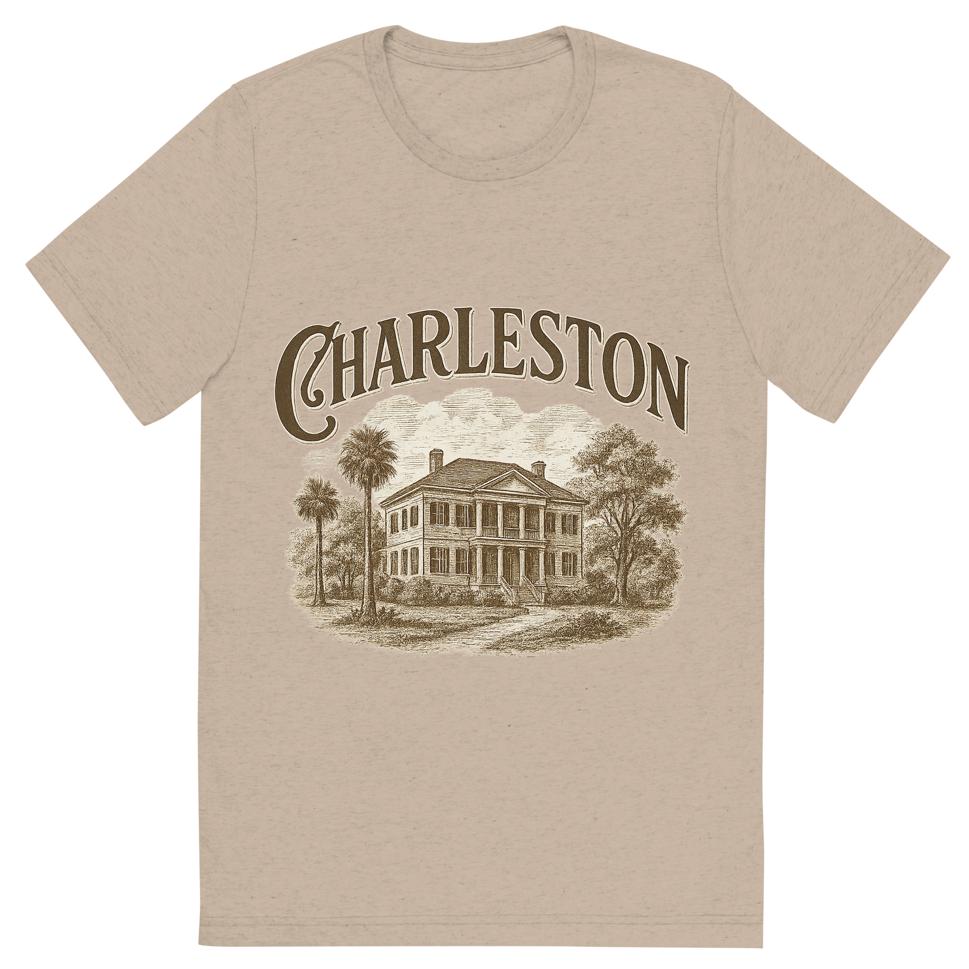 Front view of a Premium Tri-Blend Crew Neck T-Shirt in Tan showing 'A typographic, nostalgic graphic of a typographic illustration of the words 'charleston' with a vintage line art drawing of the historic plantations'