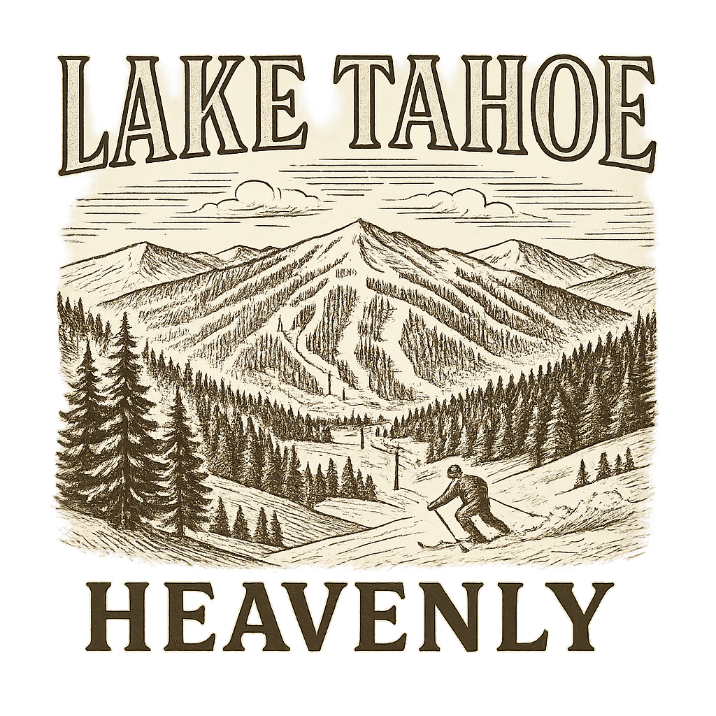 A typographic, nostalgic graphic of a typographic illustration of the words 'lake tahoe' with a vintage line art drawing of the heavenly ski resort – a t-shirt design