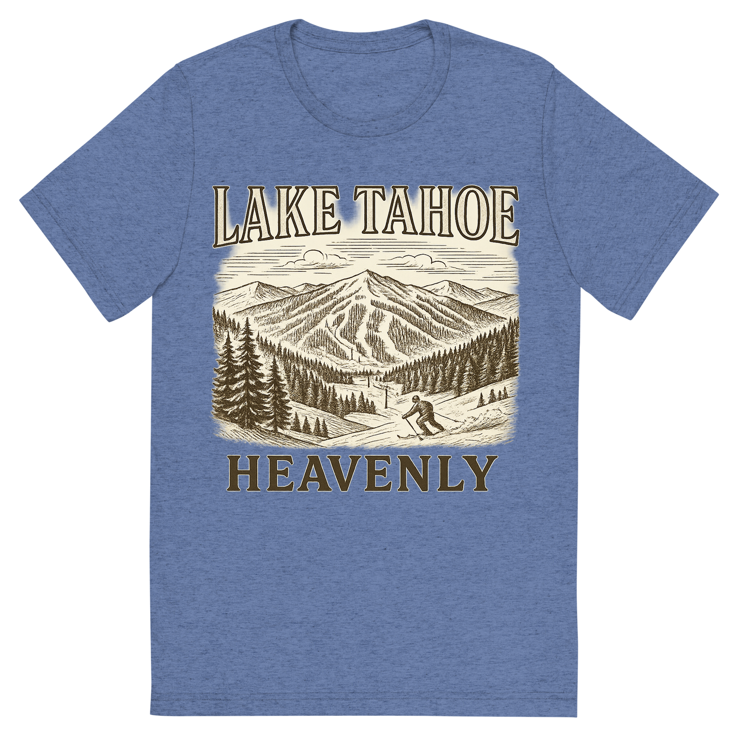 Front view of a Premium Tri-Blend Crew Neck T-Shirt in Blue showing 'A typographic, nostalgic graphic of a typographic illustration of the words 'lake tahoe' with a vintage line art drawing of the heavenly ski resort'