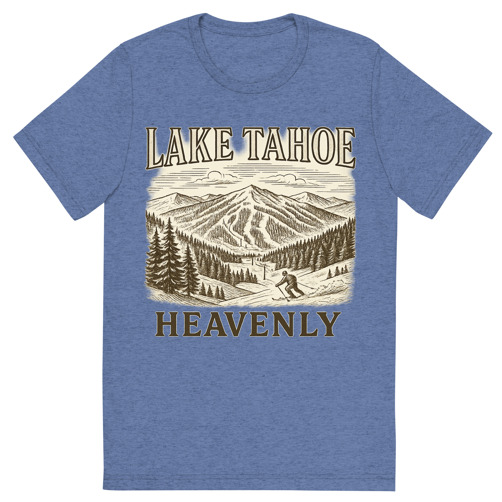 Front view of a Premium Tri-Blend Crew Neck T-Shirt in Blue showing 'A typographic, nostalgic graphic of a typographic illustration of the words 'lake tahoe' with a vintage line art drawing of the heavenly ski resort'