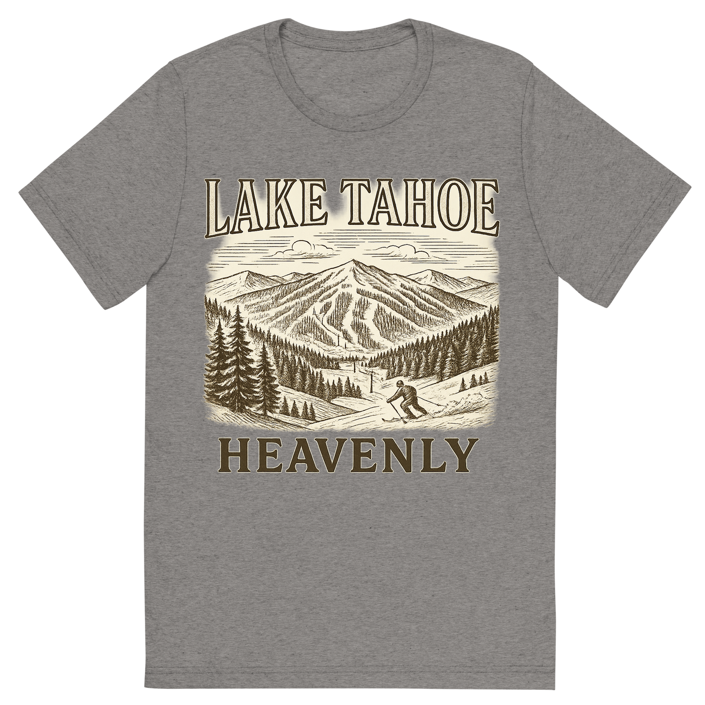 Front view of a Premium Tri-Blend Crew Neck T-Shirt in Grey showing 'A typographic, nostalgic graphic of a typographic illustration of the words 'lake tahoe' with a vintage line art drawing of the heavenly ski resort'