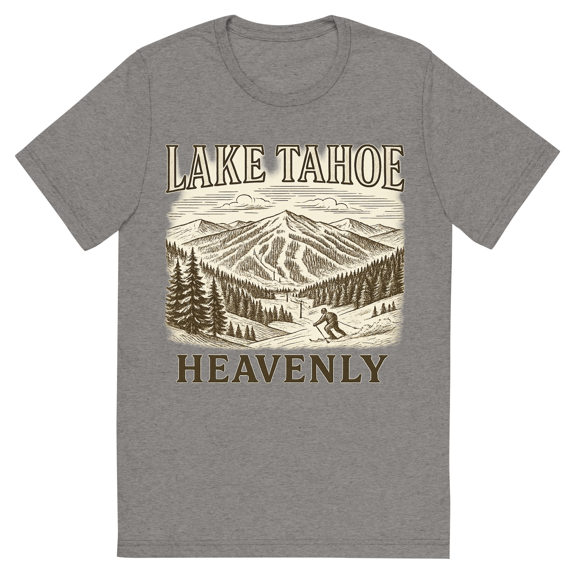 Front view of a Premium Tri-Blend Crew Neck T-Shirt in Grey showing 'A typographic, nostalgic graphic of a typographic illustration of the words 'lake tahoe' with a vintage line art drawing of the heavenly ski resort'