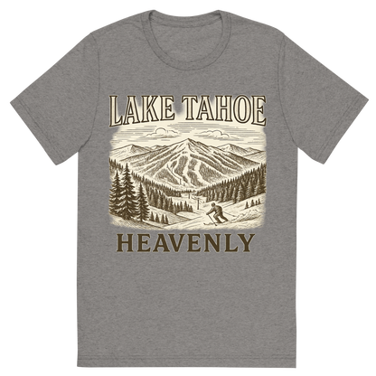 Front view of a Premium Tri-Blend Crew Neck T-Shirt in Grey showing 'A typographic, nostalgic graphic of a typographic illustration of the words 'lake tahoe' with a vintage line art drawing of the heavenly ski resort'