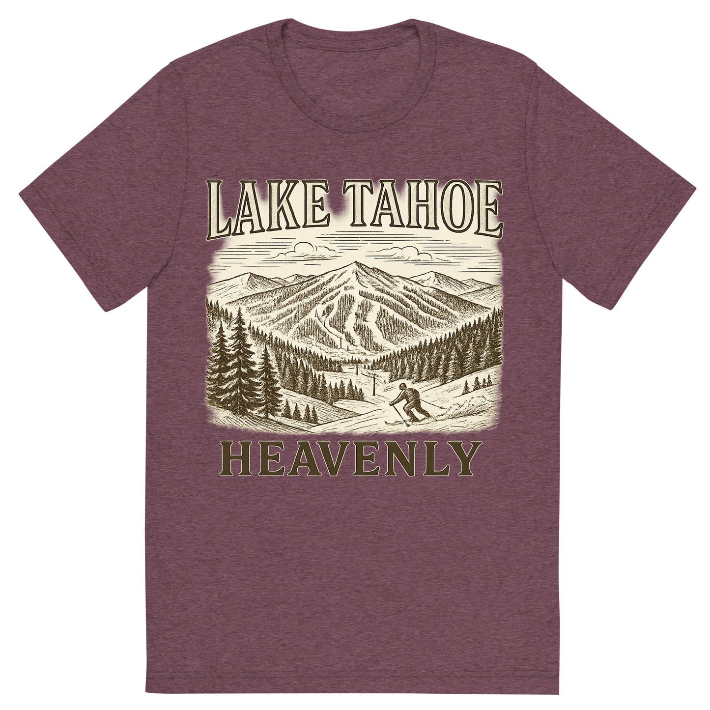 Front view of a Premium Tri-Blend Crew Neck T-Shirt in Maroon showing 'A typographic, nostalgic graphic of a typographic illustration of the words 'lake tahoe' with a vintage line art drawing of the heavenly ski resort'