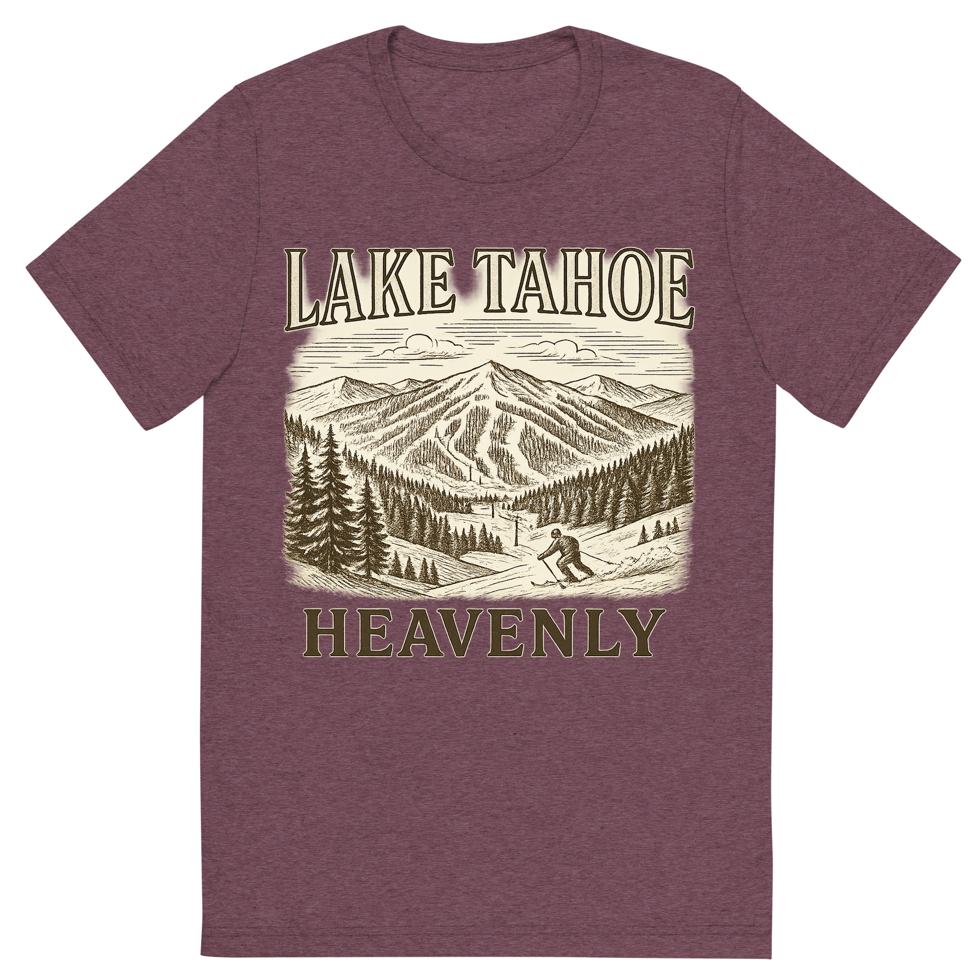 Front view of a Premium Tri-Blend Crew Neck T-Shirt in Maroon showing 'A typographic, nostalgic graphic of a typographic illustration of the words 'lake tahoe' with a vintage line art drawing of the heavenly ski resort'
