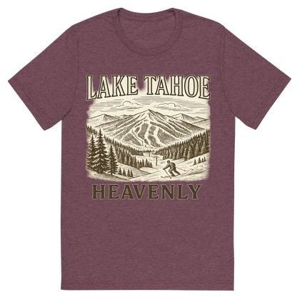 Front view of a Premium Tri-Blend Crew Neck T-Shirt in Maroon showing 'A typographic, nostalgic graphic of a typographic illustration of the words 'lake tahoe' with a vintage line art drawing of the heavenly ski resort'