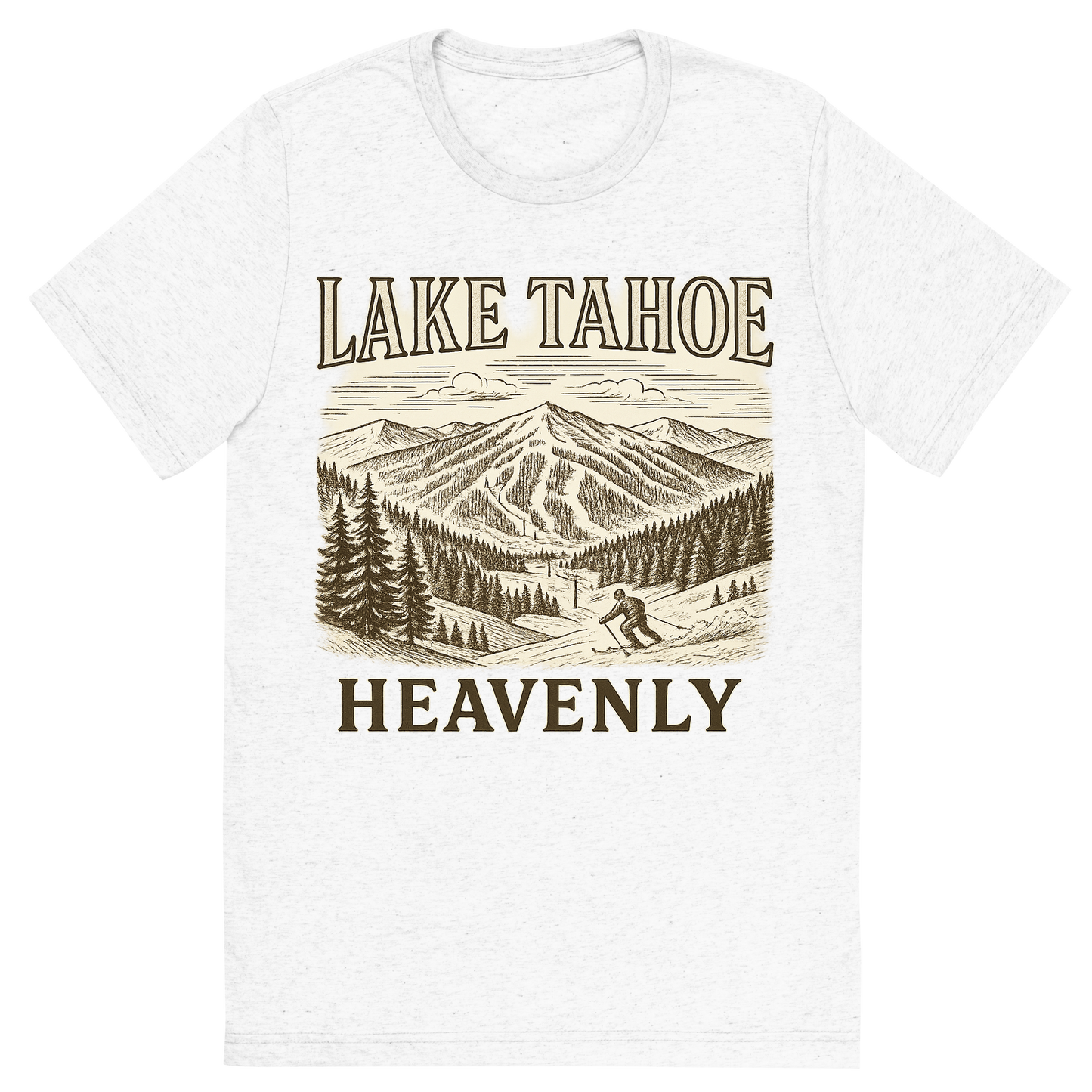 Front view of a Premium Tri-Blend Crew Neck T-Shirt in Solid White showing 'A typographic, nostalgic graphic of a typographic illustration of the words 'lake tahoe' with a vintage line art drawing of the heavenly ski resort'