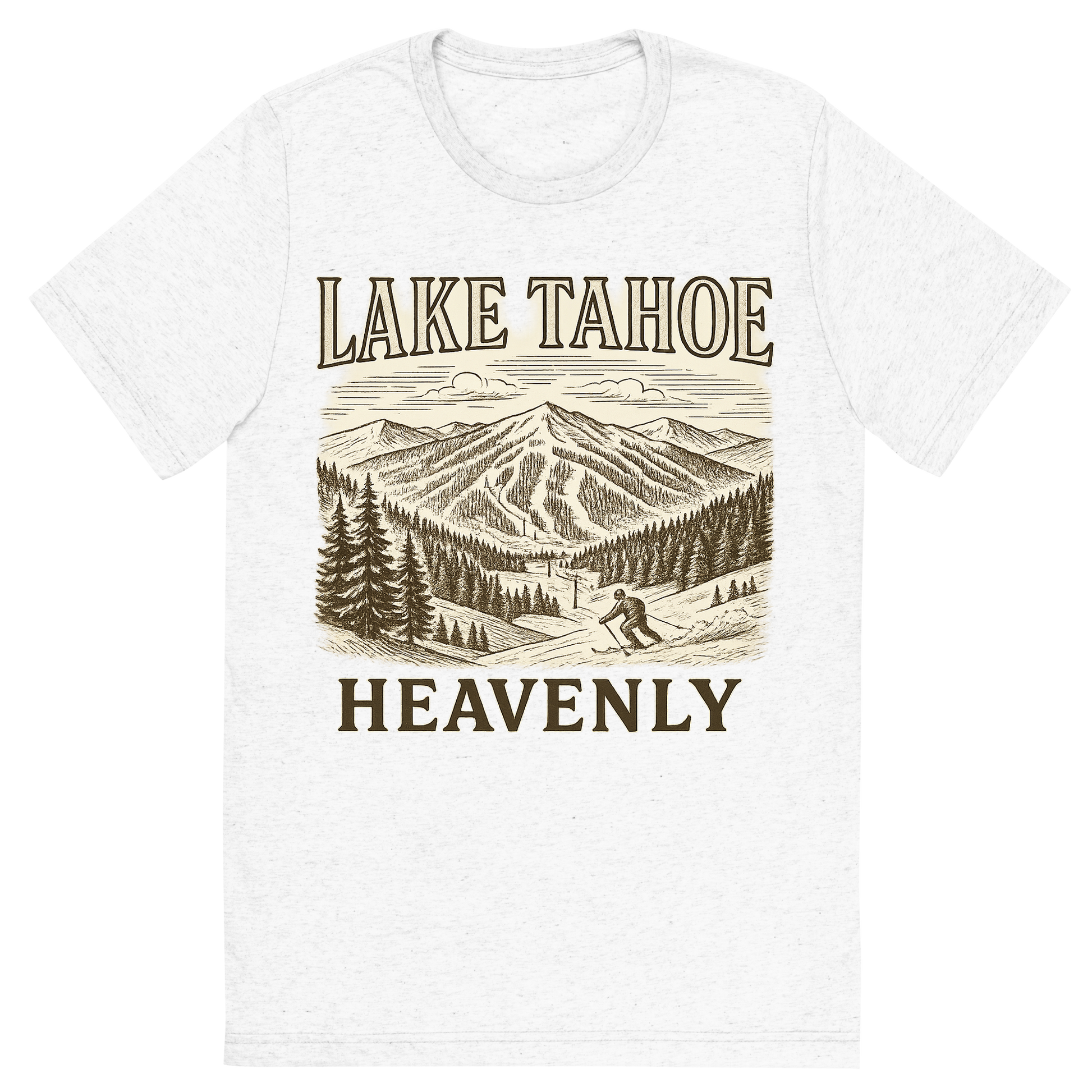 Front view of a Premium Tri-Blend Crew Neck T-Shirt in Solid White showing 'A typographic, nostalgic graphic of a typographic illustration of the words 'lake tahoe' with a vintage line art drawing of the heavenly ski resort'