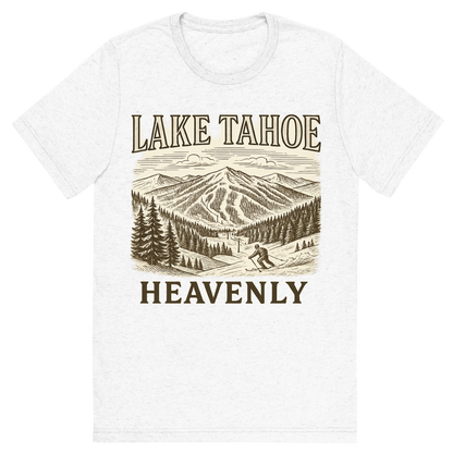 Front view of a Premium Tri-Blend Crew Neck T-Shirt in Solid White showing 'A typographic, nostalgic graphic of a typographic illustration of the words 'lake tahoe' with a vintage line art drawing of the heavenly ski resort'
