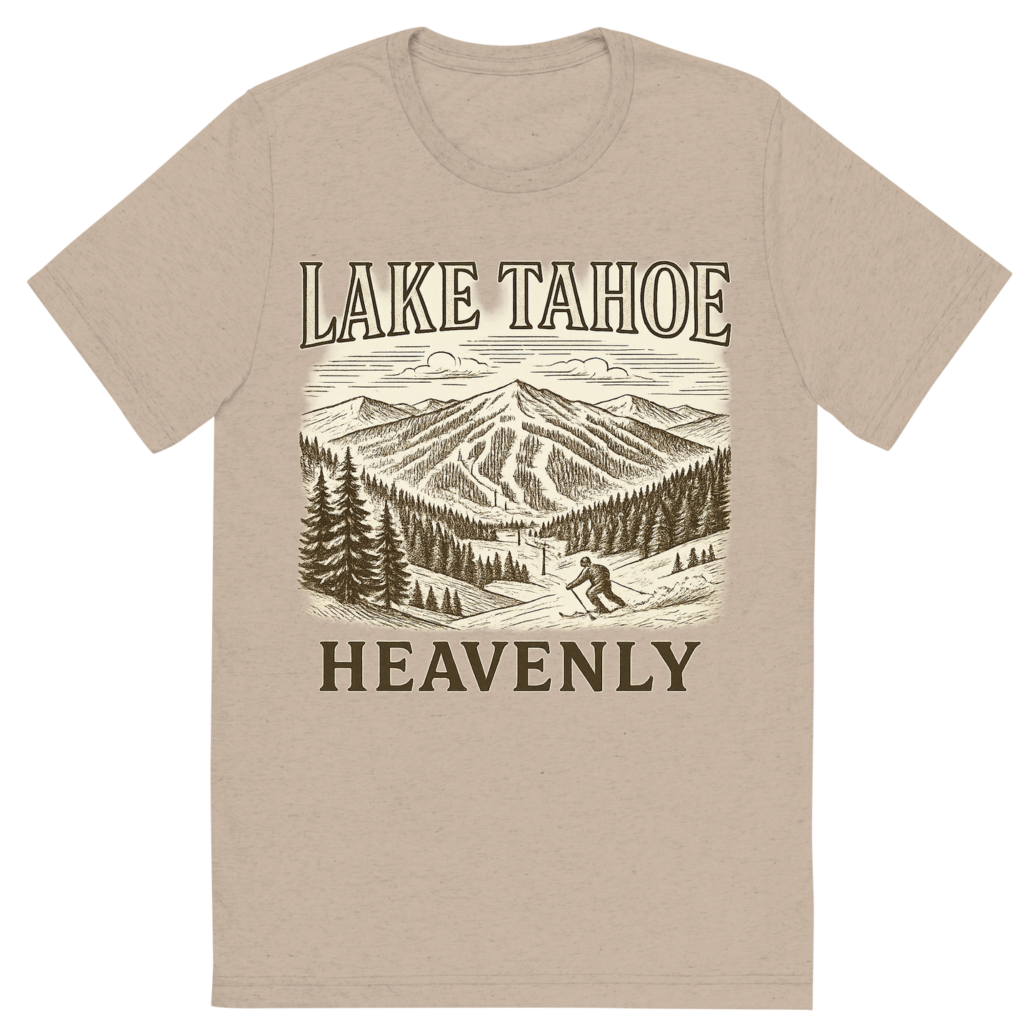Front view of a Premium Tri-Blend Crew Neck T-Shirt in Tan showing 'A typographic, nostalgic graphic of a typographic illustration of the words 'lake tahoe' with a vintage line art drawing of the heavenly ski resort'