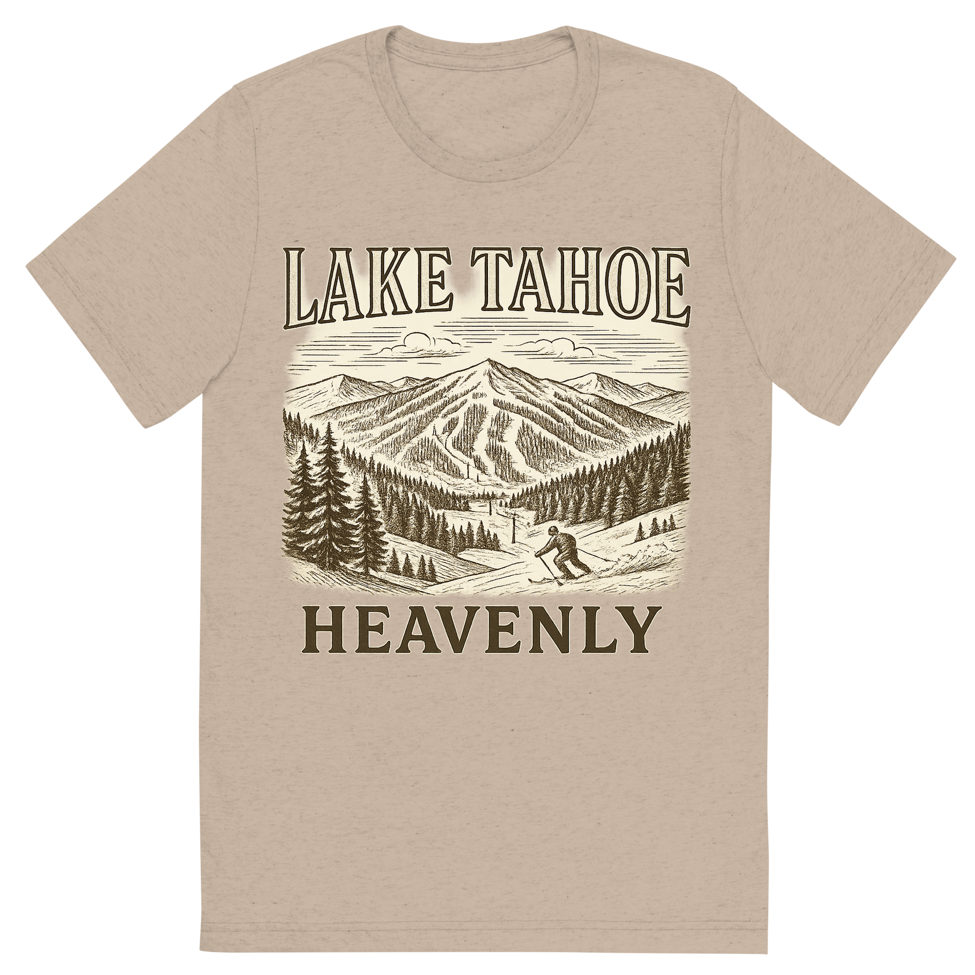 Front view of a Premium Tri-Blend Crew Neck T-Shirt in Tan showing 'A typographic, nostalgic graphic of a typographic illustration of the words 'lake tahoe' with a vintage line art drawing of the heavenly ski resort'