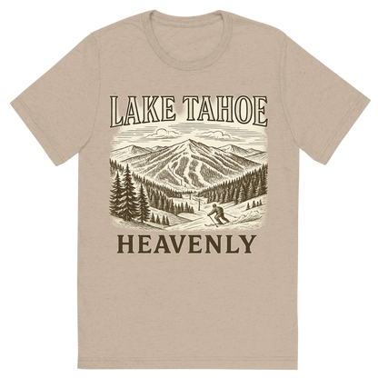 Front view of a Premium Tri-Blend Crew Neck T-Shirt in Tan showing 'A typographic, nostalgic graphic of a typographic illustration of the words 'lake tahoe' with a vintage line art drawing of the heavenly ski resort'