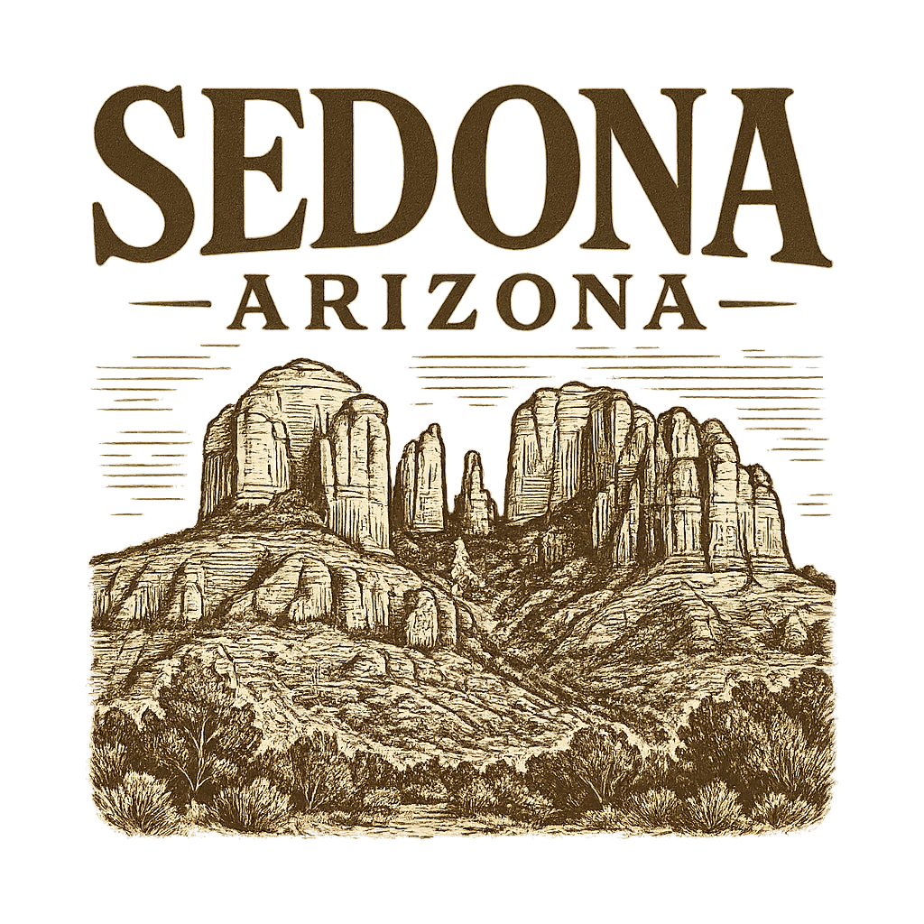 A typographic, nostalgic graphic of a typographic illustration of the words 'sedona, arizona' with a vintage line art drawing of the red rock formations – a t-shirt design