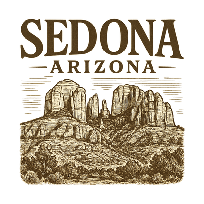 A typographic, nostalgic graphic of a typographic illustration of the words 'sedona, arizona' with a vintage line art drawing of the red rock formations – a t-shirt design