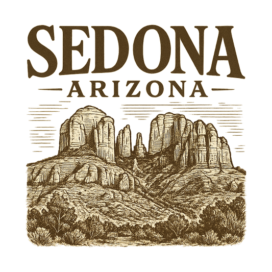 A typographic, nostalgic graphic of a typographic illustration of the words 'sedona, arizona' with a vintage line art drawing of the red rock formations – a t-shirt design