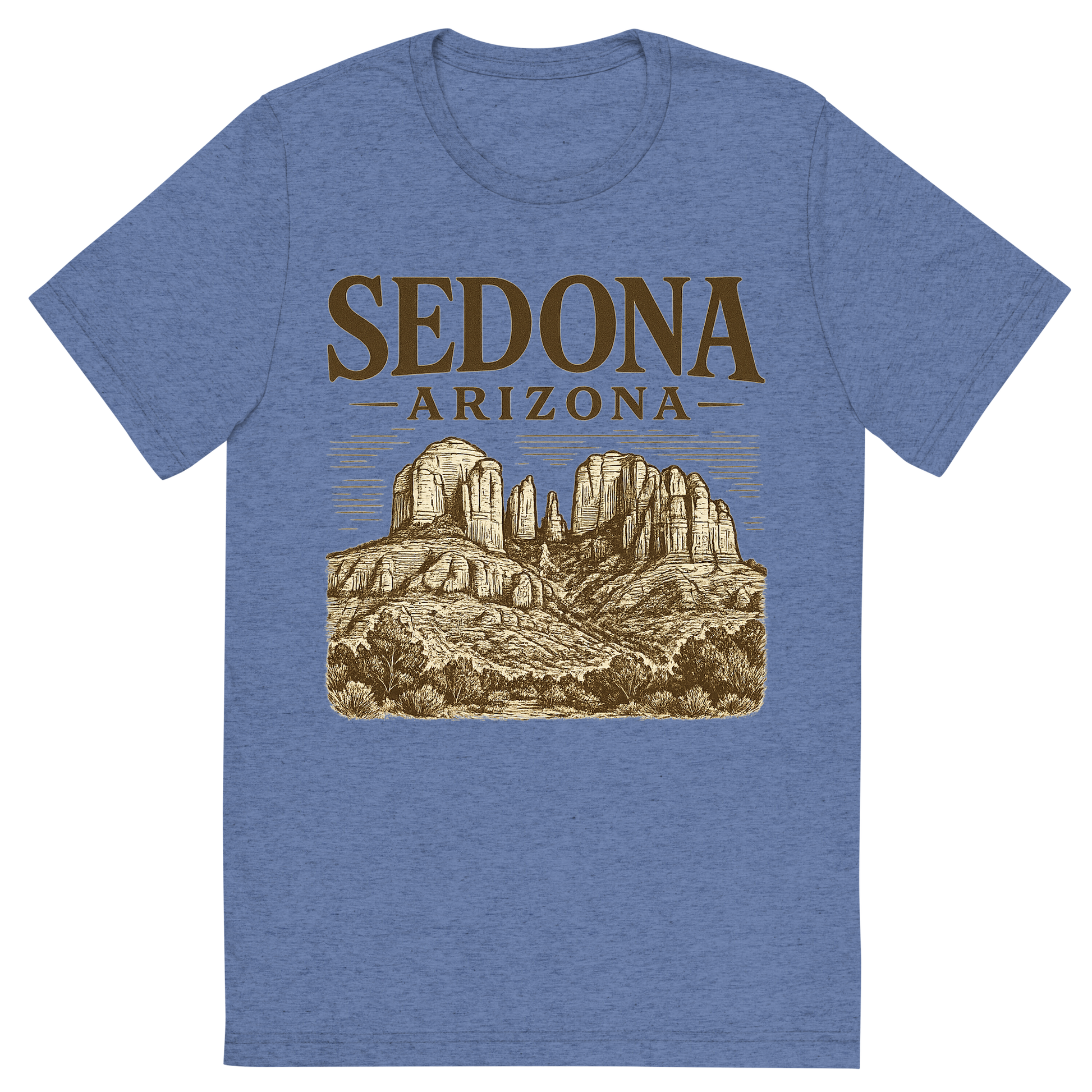 Front view of a Premium Tri-Blend Crew Neck T-Shirt in Blue showing 'A typographic, nostalgic graphic of a typographic illustration of the words 'sedona, arizona' with a vintage line art drawing of the red rock formations'