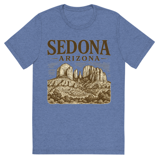 Front view of a Premium Tri-Blend Crew Neck T-Shirt in Blue showing 'A typographic, nostalgic graphic of a typographic illustration of the words 'sedona, arizona' with a vintage line art drawing of the red rock formations'