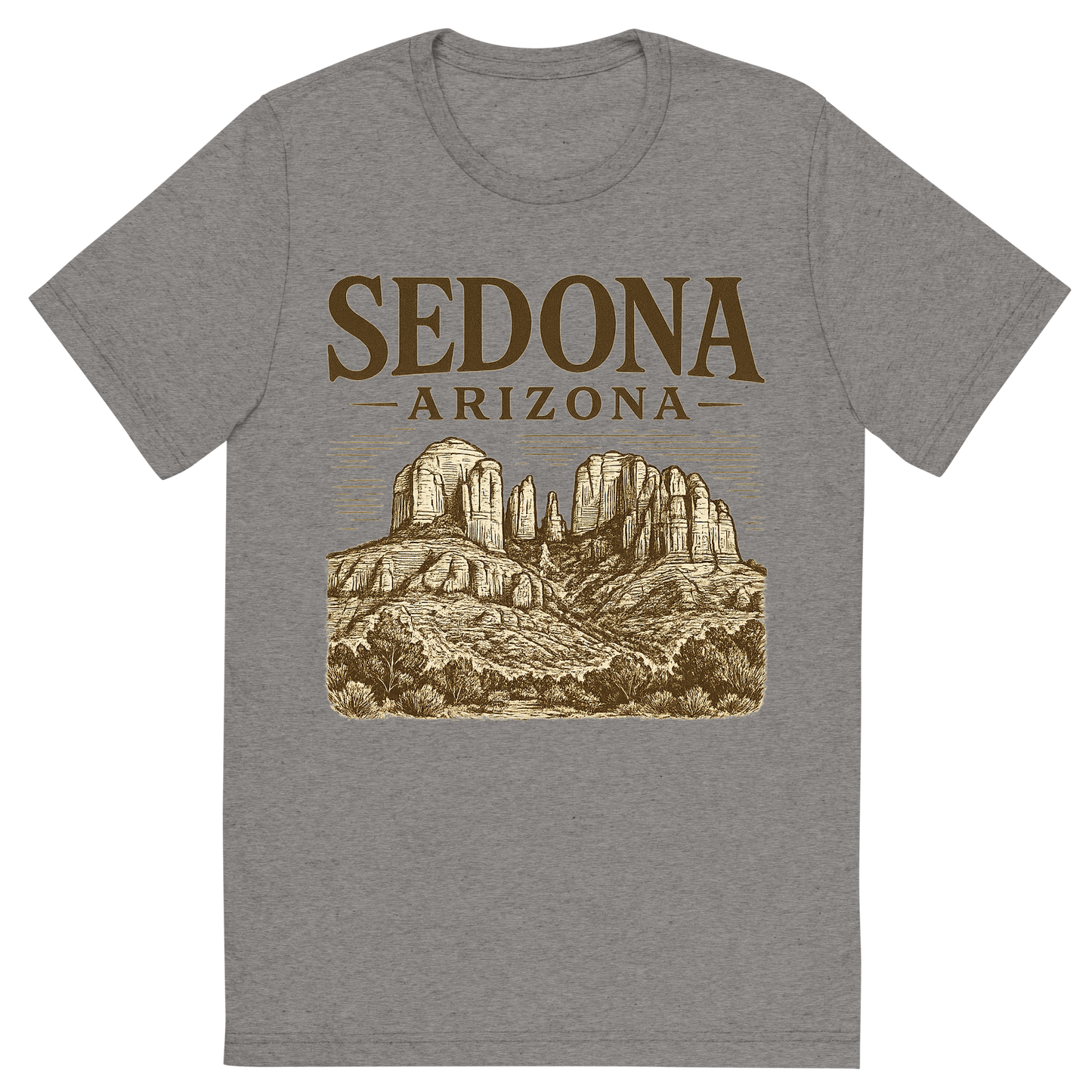 Front view of a Premium Tri-Blend Crew Neck T-Shirt in Grey showing 'A typographic, nostalgic graphic of a typographic illustration of the words 'sedona, arizona' with a vintage line art drawing of the red rock formations'