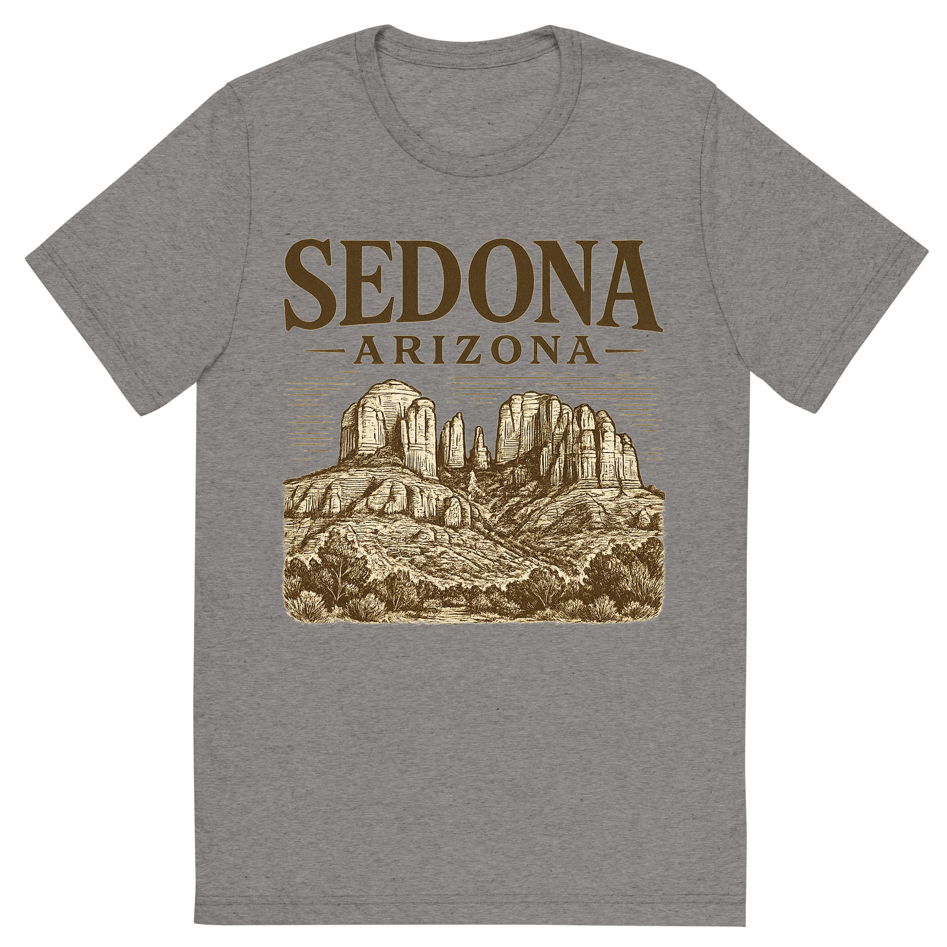 Front view of a Premium Tri-Blend Crew Neck T-Shirt in Grey showing 'A typographic, nostalgic graphic of a typographic illustration of the words 'sedona, arizona' with a vintage line art drawing of the red rock formations'