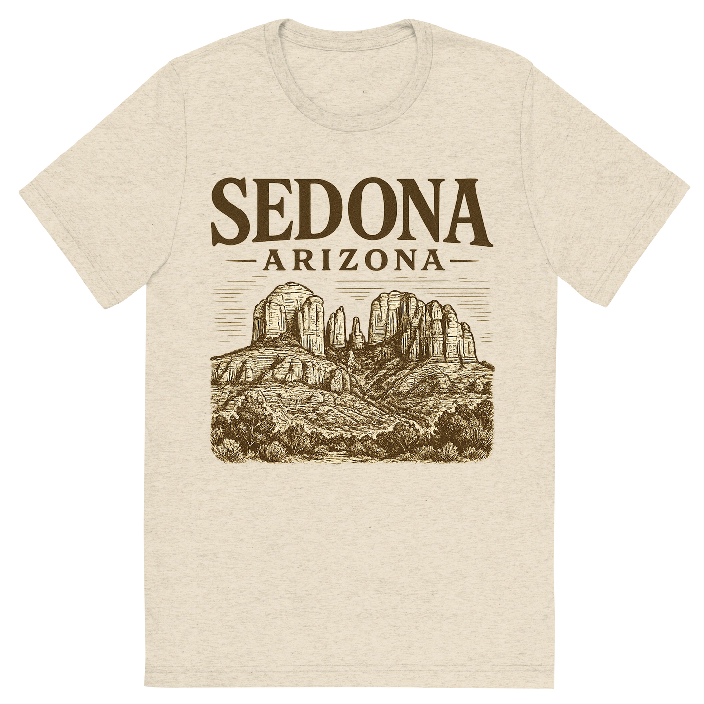Front view of a Premium Tri-Blend Crew Neck T-Shirt in Oatmeal showing 'A typographic, nostalgic graphic of a typographic illustration of the words 'sedona, arizona' with a vintage line art drawing of the red rock formations'