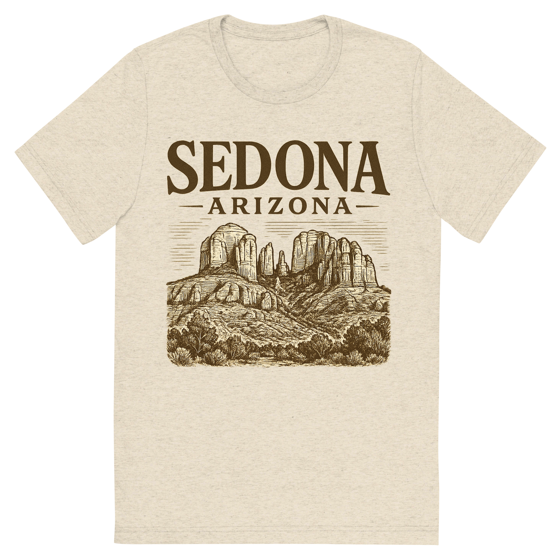 Front view of a Premium Tri-Blend Crew Neck T-Shirt in Oatmeal showing 'A typographic, nostalgic graphic of a typographic illustration of the words 'sedona, arizona' with a vintage line art drawing of the red rock formations'