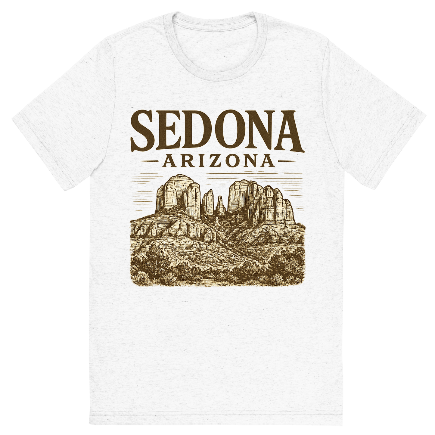 Front view of a Premium Tri-Blend Crew Neck T-Shirt in Solid White showing 'A typographic, nostalgic graphic of a typographic illustration of the words 'sedona, arizona' with a vintage line art drawing of the red rock formations'