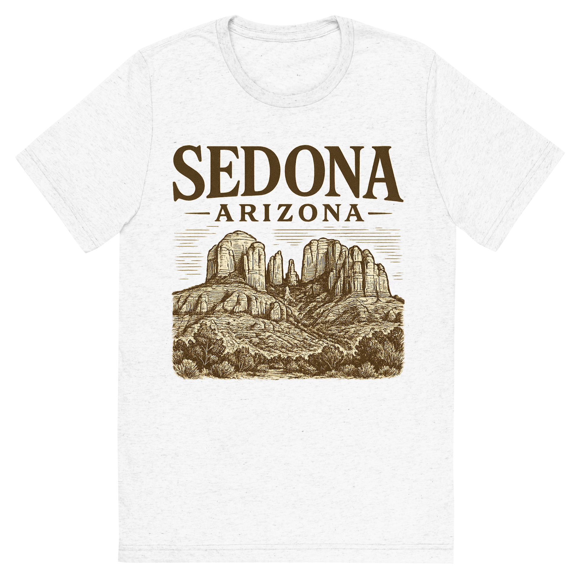 Front view of a Premium Tri-Blend Crew Neck T-Shirt in Solid White showing 'A typographic, nostalgic graphic of a typographic illustration of the words 'sedona, arizona' with a vintage line art drawing of the red rock formations'