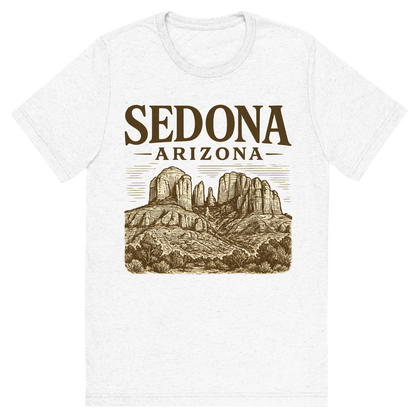 Front view of a Premium Tri-Blend Crew Neck T-Shirt in Solid White showing 'A typographic, nostalgic graphic of a typographic illustration of the words 'sedona, arizona' with a vintage line art drawing of the red rock formations'