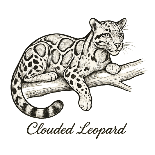 A flat, neutral graphic of a graceful sketch of a clouded leopard resting on a branch. “clouded leopard” appears in cursive below. ink lines on white background. – a t-shirt design